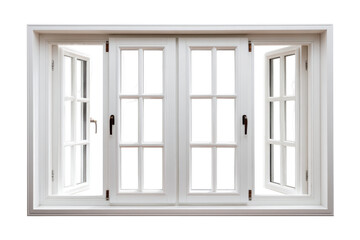 Obraz premium White french casement window with four panes open isolated on transparent background. White casement window with open panes and dark handles isolated on white background.
