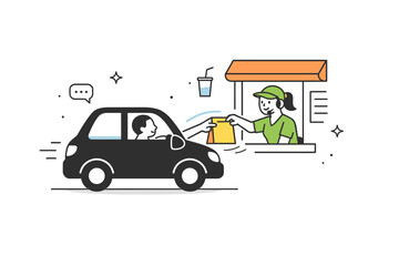 Fototapeta premium Drive-thru service. A car at the window receiving an order from a smiling staff member, abstract motion lines indicating interaction and fast