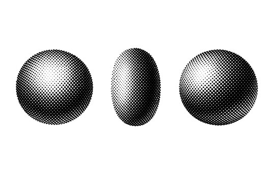 Pop art halftone dot gradient A halftone dot object with gradual density variation shown in front view, side view, and three-quarter view as