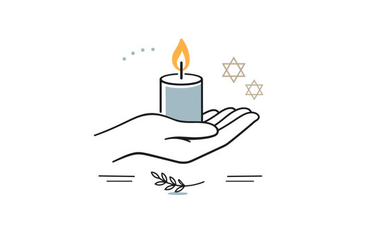 Shoah memorial symbolism. A hand holding a candle with subtle lines suggesting remembrance and reflection. Soft, respectful editorial metaphor with calm