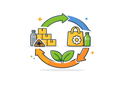 Green economy focused on circular economy principles with arrows looping around resources, products, and leaves. A concise editorial concept of
