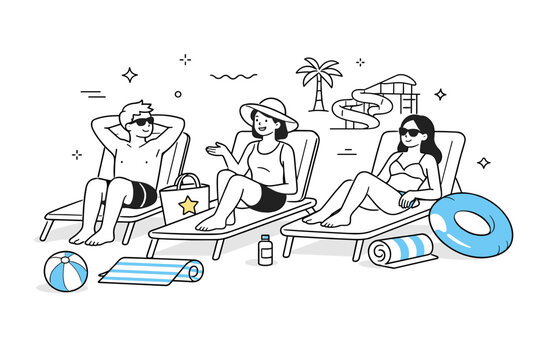 Water parks fun scenes. Friends resting on poolside loungers, towels and floaties nearby, casual conversation. Slower pause between