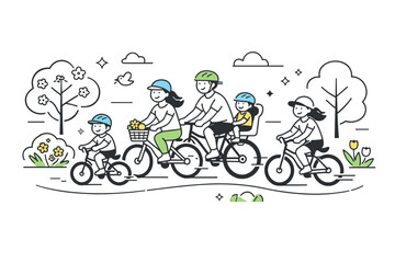 Obraz premium Spring holiday family bike rides ? cycling along a park path. A relaxed scene with family members riding bikes along a smooth park trail,