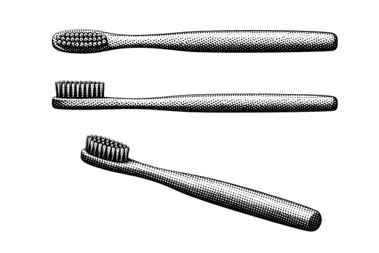 Sustainable product bamboo toothbrush with bristles shown as a single object in top view, side view, and three-quarter angled view. Black and white dot style