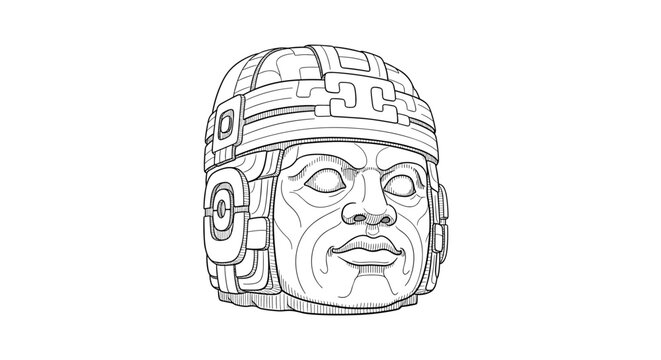 Intricate linear drawing of ancient olmec head sculpture