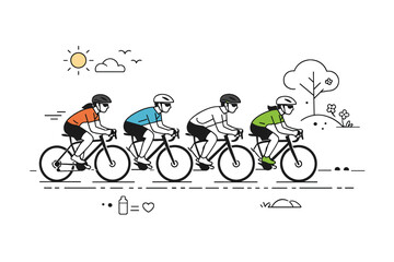 Obraz premium Group spring endurance cycling. Small group riding together in a line, shared rhythm and quiet teamwork, supportive atmosphere and seasonal