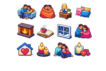 Cozy Home Icons. Home Comfort Scene. Colorful isometric vector icons set of home comfort scene: couple?s retreat indoors, shared blanket warmth, night lamp