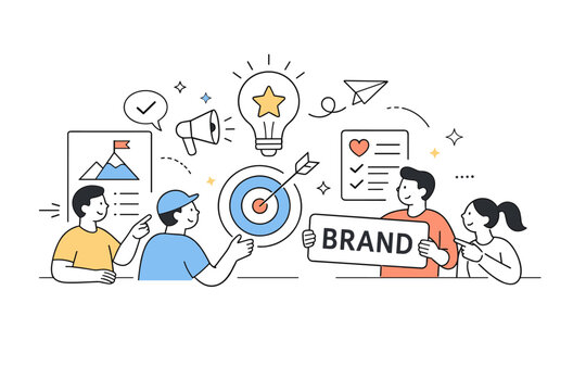 Brand strategy concept. Abstract people figures collaborating around brand symbols and vision boards, expressing alignment and shared