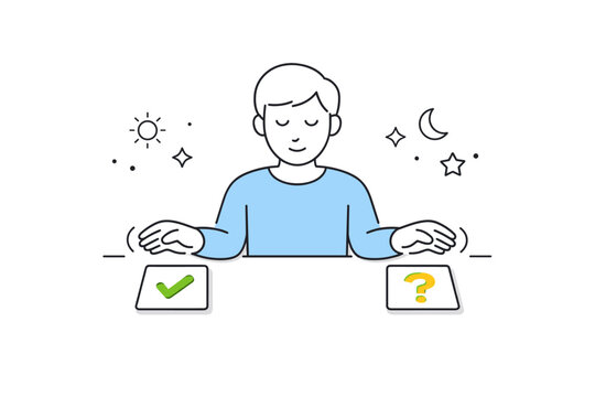 Mindful decision moment. A calm figure pausing before selecting between simple cards or icons, gentle motion cues around hands. Quiet confidence and