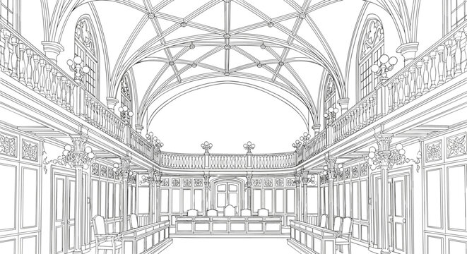 Elegant linear interior of historic courthouse with gothic arches and ornate details