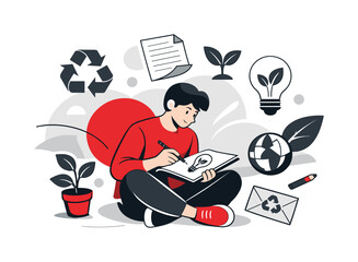 Eco-conscious creativity. Designer sketching ideas using sustainable resources, plants and