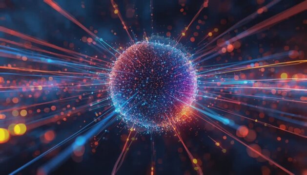 Abstract glowing digital sphere with dynamic light trails and particles, representing data flow, futuristic technology, and network connections in motion.