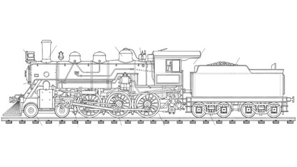 Detailed vehicle autocad blueprint of a steam locomotive on railway tracks in a technical isometric view