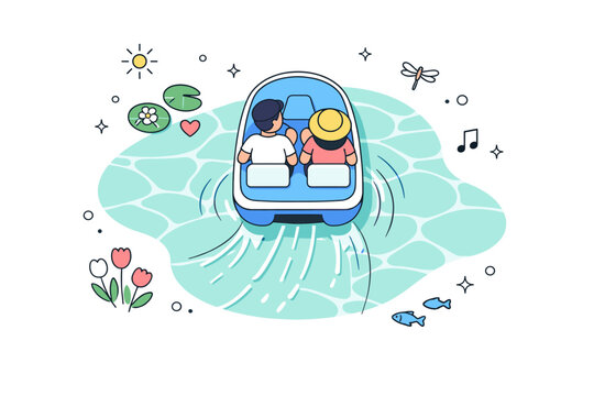 Springtime paddle boating. A top-view scene of a paddle boat moving across a lake, clear water patterns and smooth motion lines, peaceful