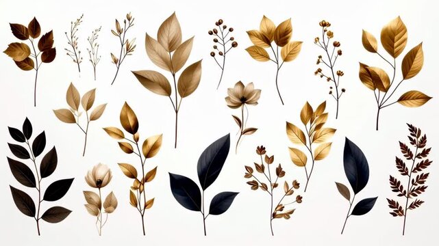 Elegant botanical collection of branches with leaves and flowers in warm earth tones