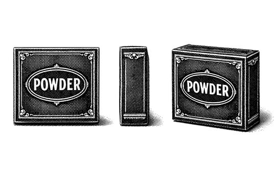 Halftone Powder Box. Powder box packaging. A square powder box package with centered logo and decorative margins is shown from three different angles: front