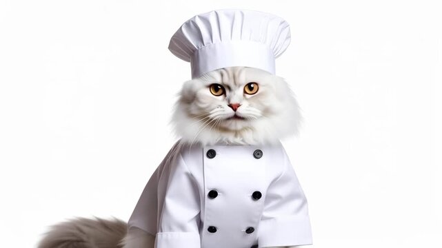Whimsical fluffy cat wearing a chef uniform and hat, looking curious on white background