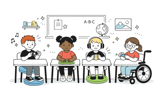 Inclusive classroom sensory tools. A calm classroom scene with children using fidget tools, textured pads, and wobble cushions at their