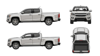 Detailed vehicle autocad blueprint of a pickup truck viewed from multiple angles including side rear and front perspectives © Stock Image Paradise