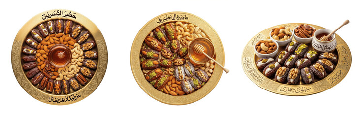 Traditional Ramadan Dates and Nuts Platter - Realistic 3D Illustration of Assorted Stuffed Dates, Almonds, Cashews, and Honey on Ornate Golden Tray Isolated on White Background for Iftar