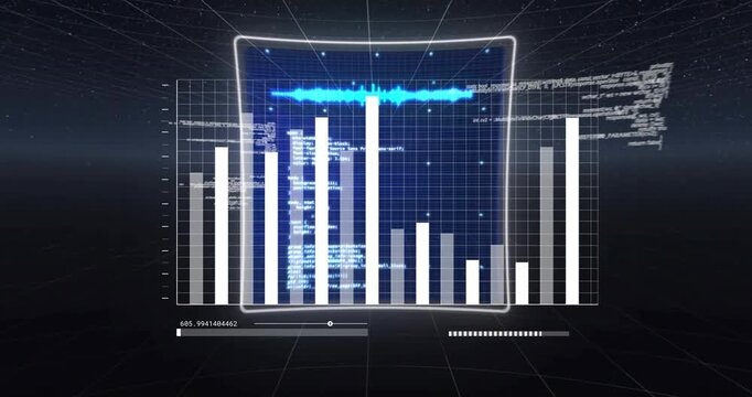 Timeline slider advancing, central bar chart changing levels, cyan HUD moving inward, showing data