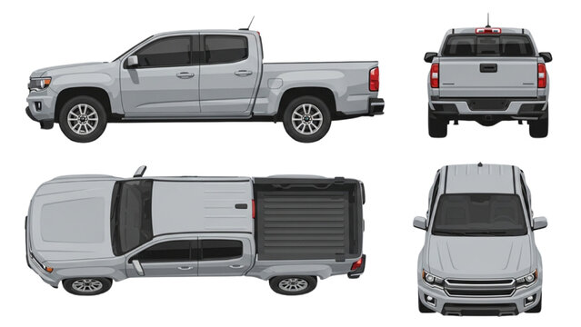 Detailed vehicle autocad blueprint of a modern pickup truck viewed from multiple angles showcasing its sleek design and robust features