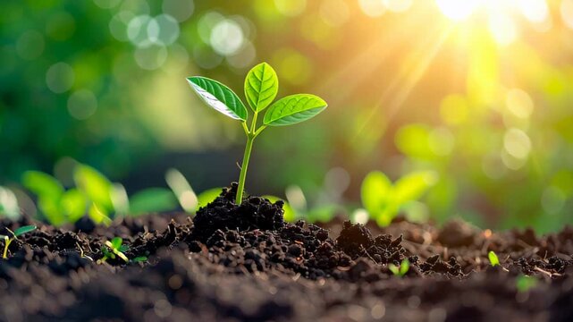 Hands Planting Young Green Plant in Fertile Soil with Bright Sunlight