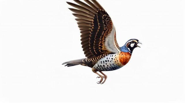 Colorful bird with patterned wings in mid-flight against a clean white background