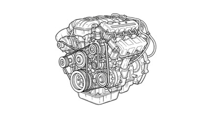 Detailed vehicle autocad blueprint of an engine viewed from the front in a technical illustration