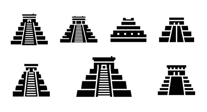 Silhouette collection of ancient pyramid temples in black and white