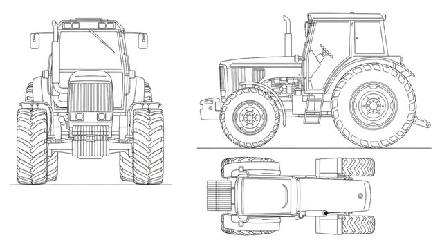 Detailed vehicle autocad blueprint of a tractor from multiple viewpoints showcasing its design and structure