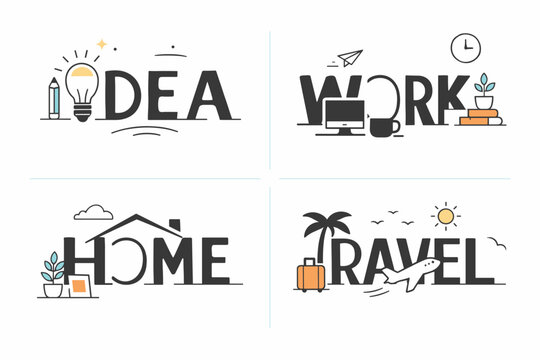 Negative Space Typography. Negative space typography scenes. Contemporary stock illustration where words are implied rather than drawn, formed through gaps,