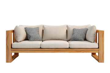 Fototapeta premium Rustic wooden sofa with patterned cushions isolated on transparent background. Modern wooden sofa with textured beige cushions and gray pillows isolated on white background.