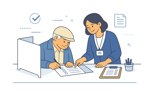 Voting with assistance. A poll worker calmly helping a voter fill out a ballot while maintaining privacy and dignity. Supportive interaction