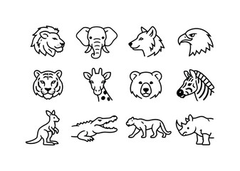 Fototapeta premium Wildlife photography. Line outline icon set of wildlife photography: lion, elephant, wolf,