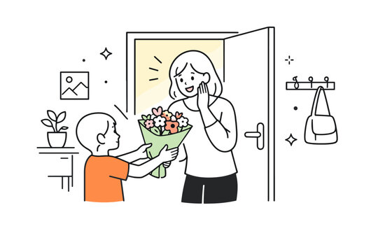 Mothers receiving flowers at home. Mother receives flowers while standing in a doorway, light coming from inside the room. Unexpected