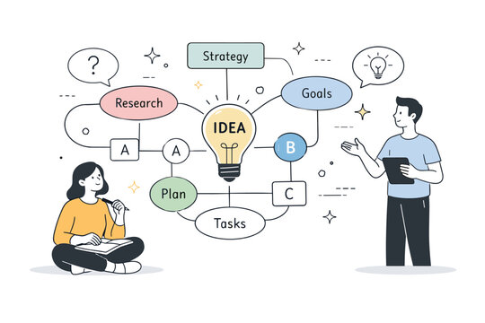 Ideation frameworks. Abstract mind-mapping scene with simple nodes, connecting lines and idea bubbles, showing structured brainstorming in
