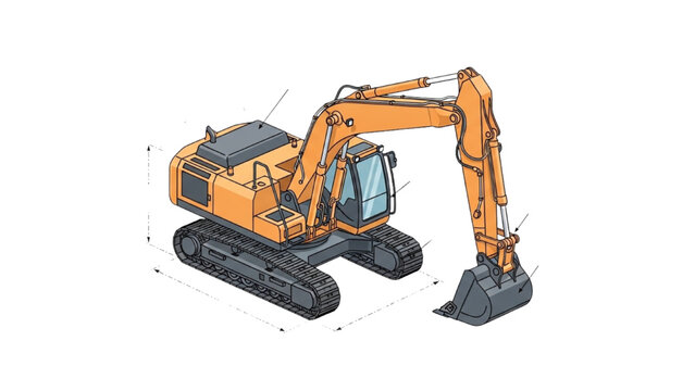 Detailed vehicle autocad blueprint of an excavator machine on tracks in a technical drawing style