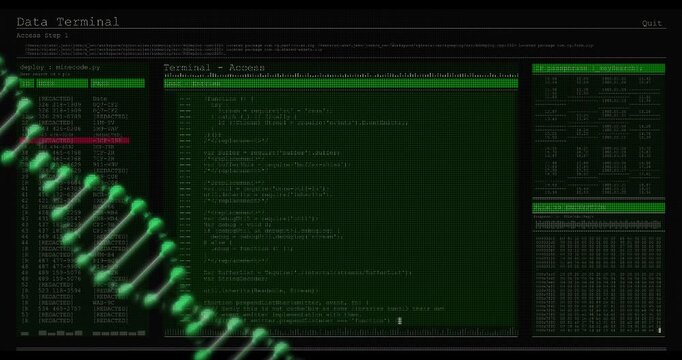 Green DNA helix staying left front while terminal booting, center pane filling, revealing code logs