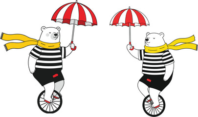 Cute polar bear characters riding unicycles while holding red umbrellas and wearing yellow scarves on a white background © MSTNUR