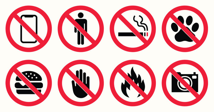 No entry and prohibition icons in vector format showing no smoking, no pets, no littering, no cell phone, do not touch, no fire, and no photography for public safety design