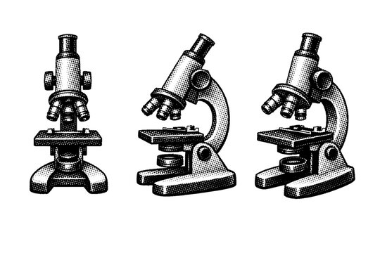 Educational icon microscope laboratory microscope educational icon shown as a single object from three different angles: front view, side