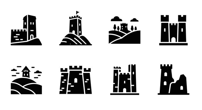 Black castle icons: silhouette collection of medieval towers and fortresses