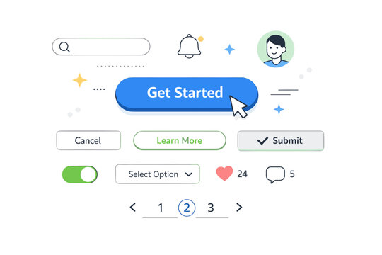 Buttons and UI elements. A clean interface scene with a highlighted primary button and subtle hover state. Calm focus on clarity, usability,