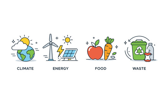 Sustainability icon system. Reusable icons for climate, energy, food, and waste are aligned consistently, showing a coherent visual language.