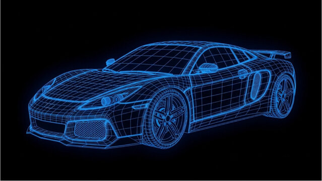 Detailed vehicle autocad blueprint of a sports car in a technical wireframe view