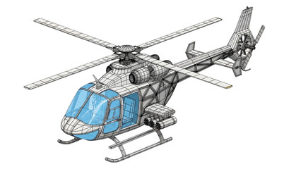 Detailed vehicle autocad blueprint of a helicopter on landing skids, showcasing technical illustration with precise lines and dimensions. © Stock Image Paradise