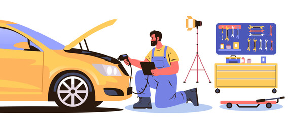 Naklejka premium Auto mechanic diagnostics car repair workshop tools equipment garage worker kneeling using scanner tool chest flat style