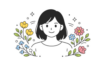 Soft portraits with flowers in natural light. A person faces the viewer with a quiet smile, flowers framing the portrait and soft light