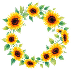 A beautiful wreath of vibrant sunflowers and green leaves arranged in a circular pattern on transparent background
